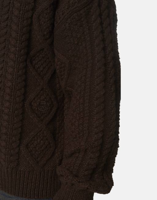 Good For Nothing Heavyweight cable knit hooded jumper in brown, 4 of 4