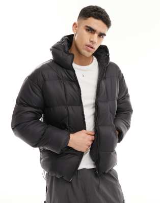 Good For Nothing Hi-shine Puffer Jacket With Hood In Black