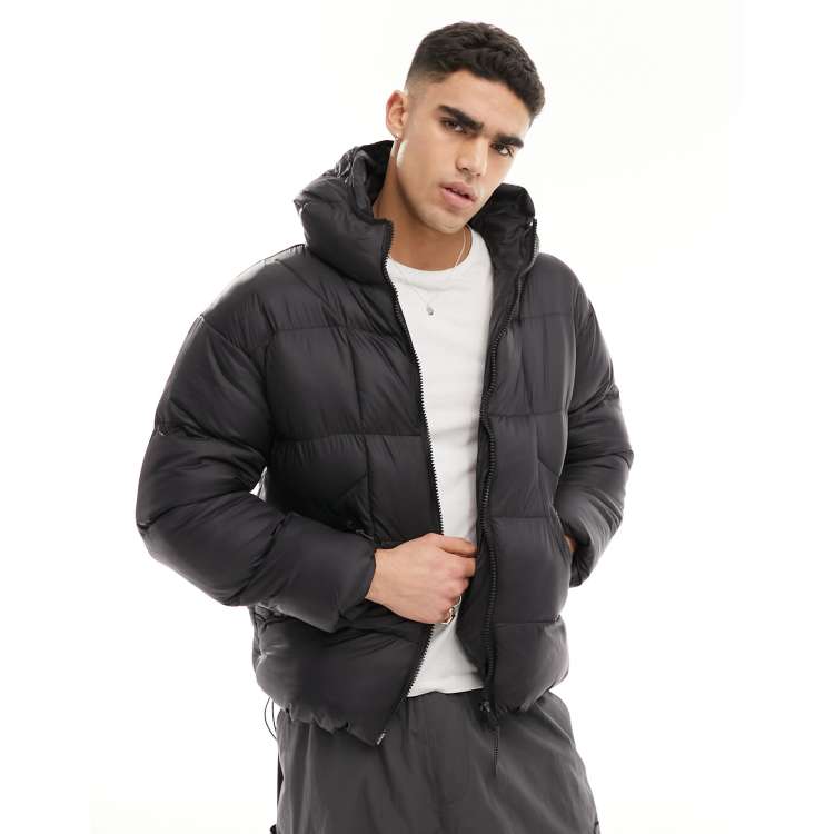 Good For Nothing hi shine puffer jacket with hood in Black