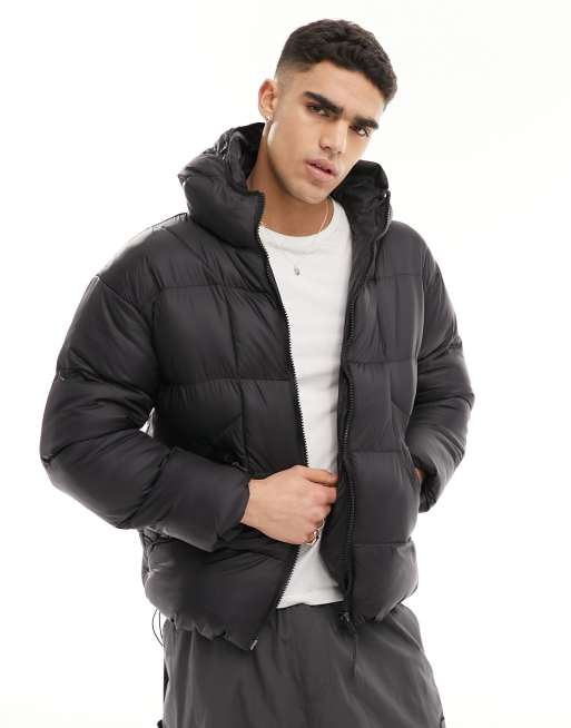 Good For Nothing hi shine puffer jacket with hood in black