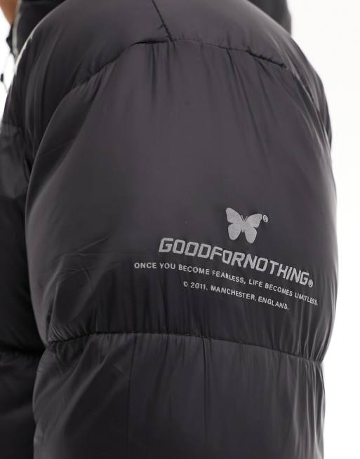 Good For Nothing hi shine puffer jacket with hood in black