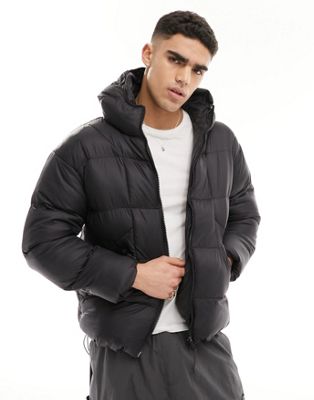 Good For Nothing high shine puffer jacket with hood in black