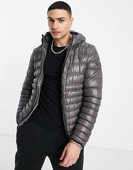 Good For Nothing hooded puffer jacket in grey