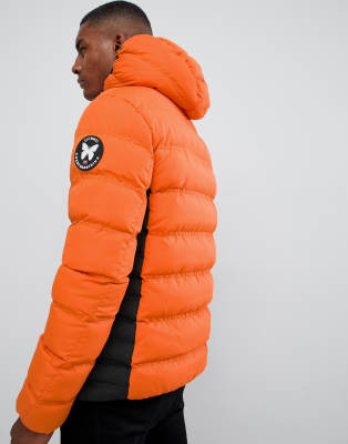 orange hooded puffer jacket