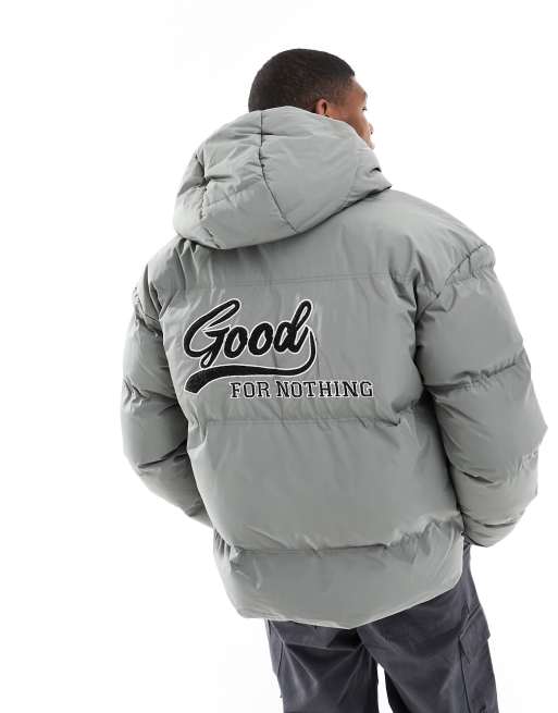 Good For Nothing hooded puffer jacket with logo in sage green