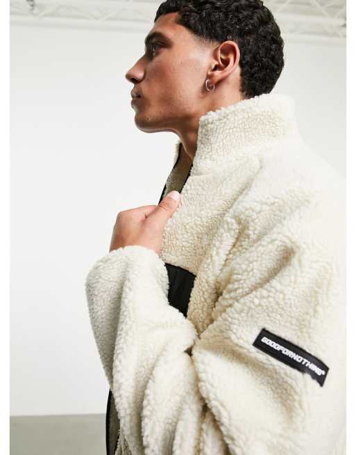 Good For Nothing – Jacke aus Teddyfell in Creme mit farblich abgesetzter, aufgesetzter Tasche, 3 von 4