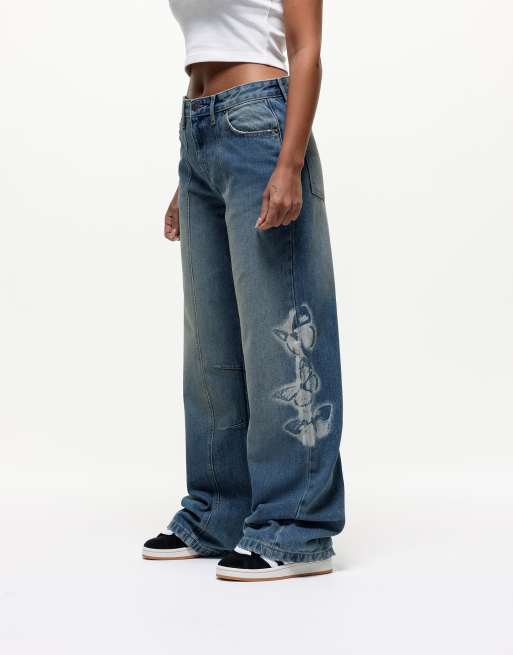 Good For Nothing - Jeans met wijde pijpen en gestempelde vlinderprint in blauw