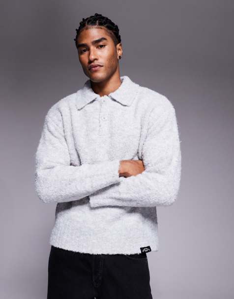 Good For Nothing knitted boucle long sleeve polo jumper in grey - view 1