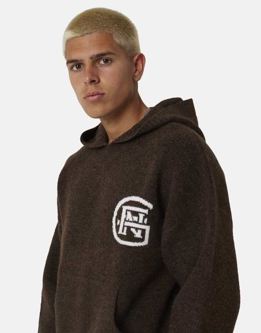 Good For Nothing Knitted intarsia emblem hoodie in brown, 3 of 3