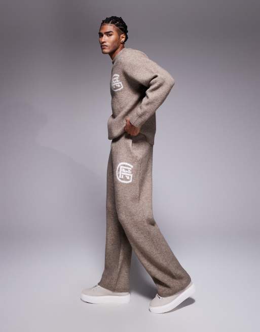 Good For Nothing knitted straight leg joggers in beige with emblem print, 3 of 5