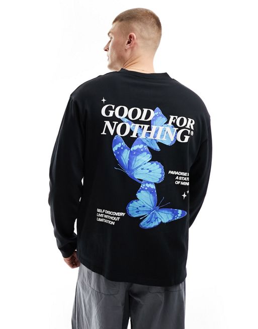Good For Nothing - Langærmet T-shirt Cotton med sommerfuglegrafik i lys sort