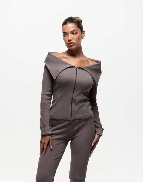 Good For Nothing long sleeve ribbed top in brown - view 1