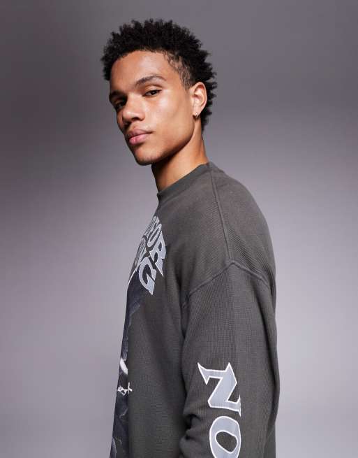 Good For Nothing long sleeve waffle knit t-shirt in charcoal with multiple prints, 4 of 5