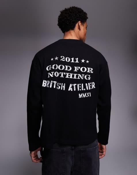Good For Nothing long sleeve waffle t-shirt in black with stamp print - view 1