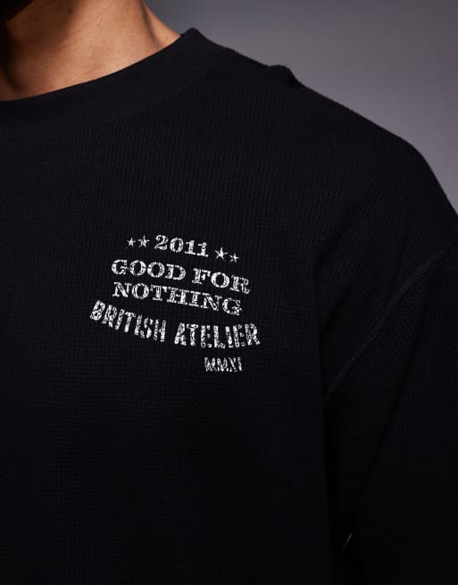 Good For Nothing long sleeve waffle t-shirt in black with stamp print, 5 of 5
