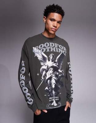 Good For Nothing Good For Nothing long sleeve waffle t-shirt in charcoal with multi print