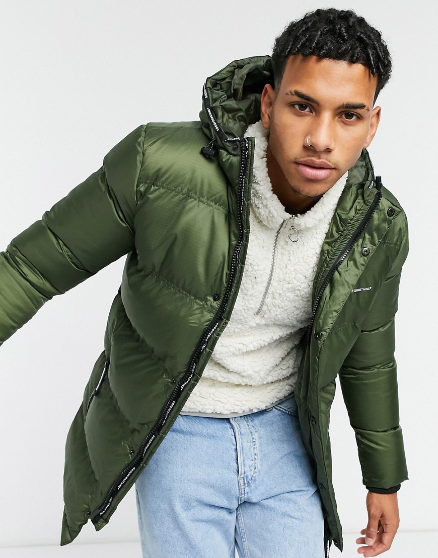 Good For Nothing Longline Puffer With Hood In Khaki-green