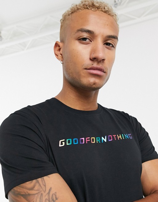 Good For Nothing muscle t-shirt with rainbow branding in black