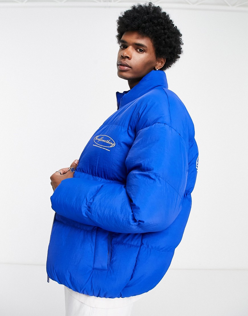 Good For Nothing oval oversized puffer jacket in blue with logo print