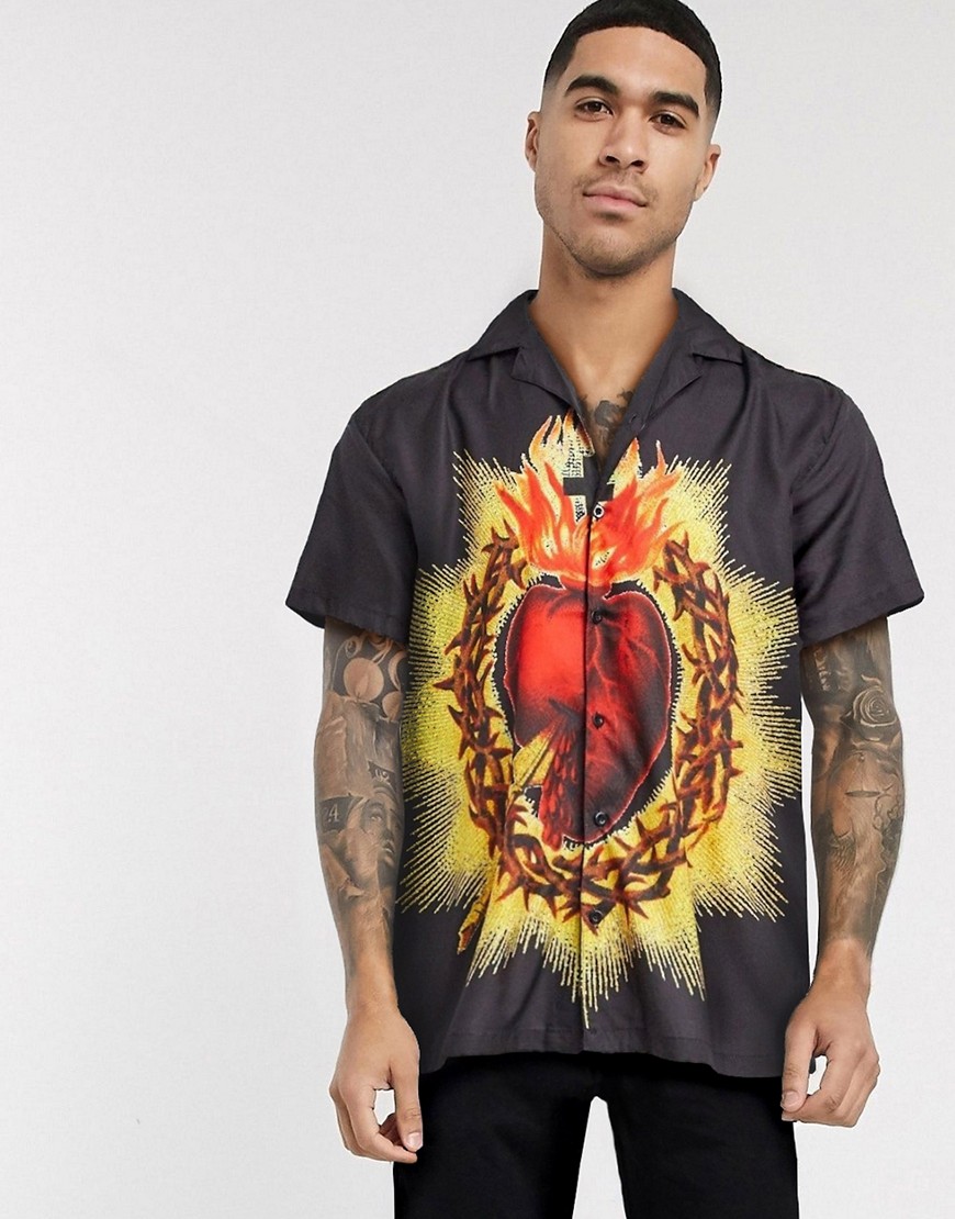 Good for Nothing - Overhemd met korte mouwen, reverskraag en print van brandend hart-Zwart