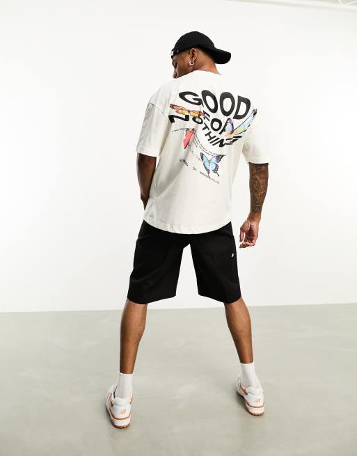 Good For Nothing – Oversize-T-Shirt in gebrochenem Weiß mit verzerrtem Schmetterling- und Logoprint auf dem Rücken