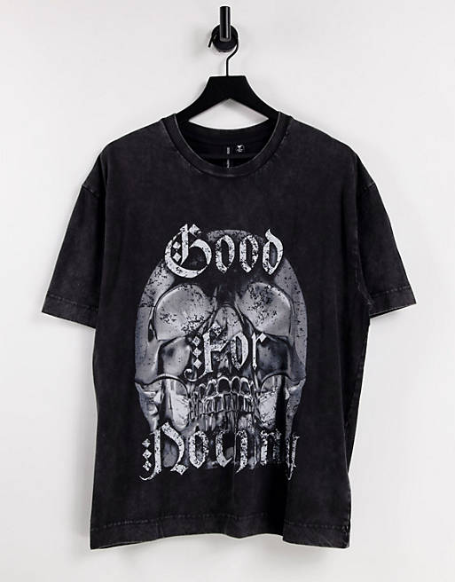Good For Nothing oversized acid wash t-shirt in black with skull print 