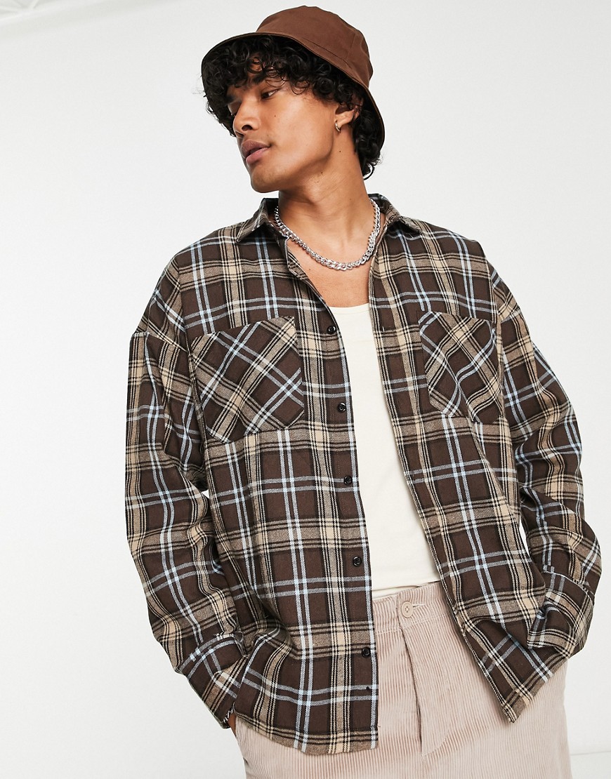 Good For Nothing oversized brushed flannel shirt in brown-Blue