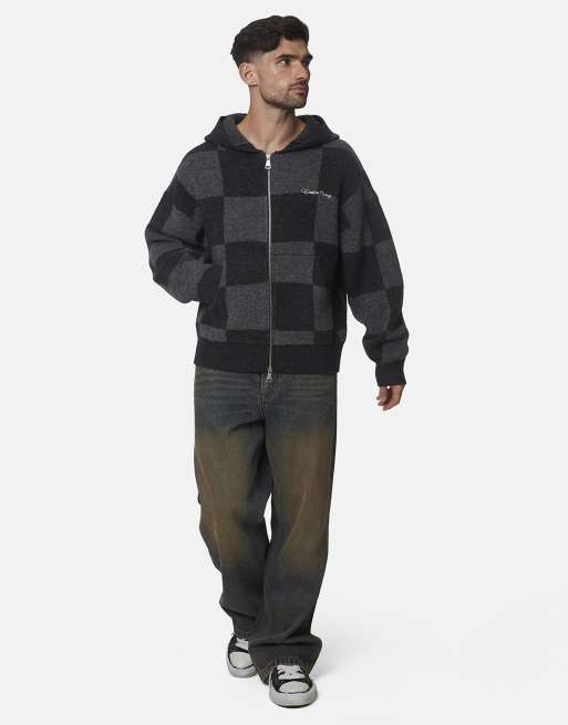 Good For Nothing Oversized checkered knitted zip hoodie in grey, 3 of 4
