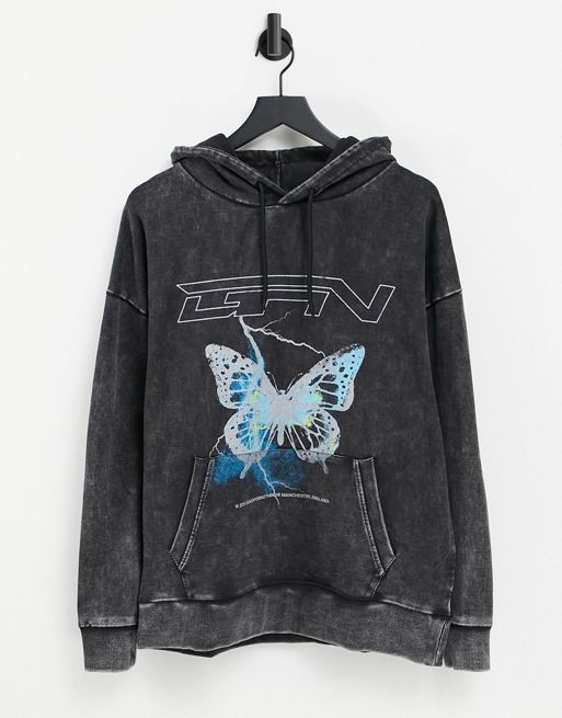 Good For Nothing oversized hoodie in washed black with butterfly and logo print