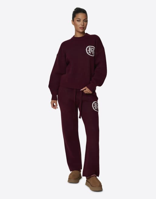 Good For Nothing Oversized knitted intarsia emblem joggers in red, 3 of 4