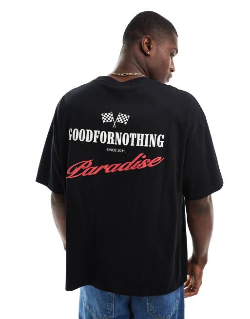 Good For Nothing - Oversized og sort T-shirt med racerprint på ryggen