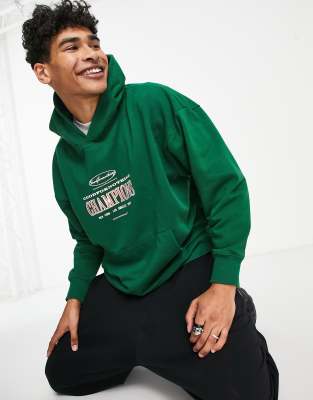 Good For Nothing Oversized Pullover Hoodie In Green With Champions Print