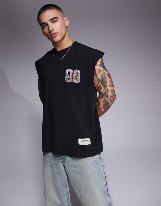 ASOS DESIGN organic cotton oversized sleeveless t-shirt with small chest  print and spine print, ASOS