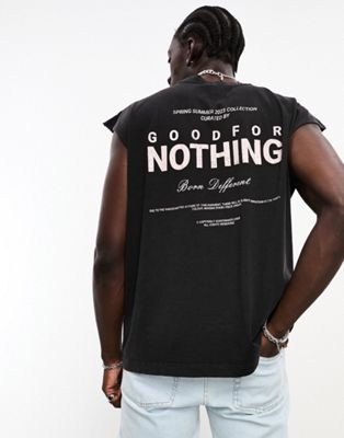 Good For Nothing oversized sleeveless t-shirt in black acid wash with skeleton back print
