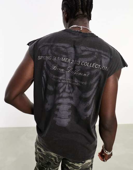 Good For Nothing oversized sleeveless t-shirt in black acid wash with  skeleton back print