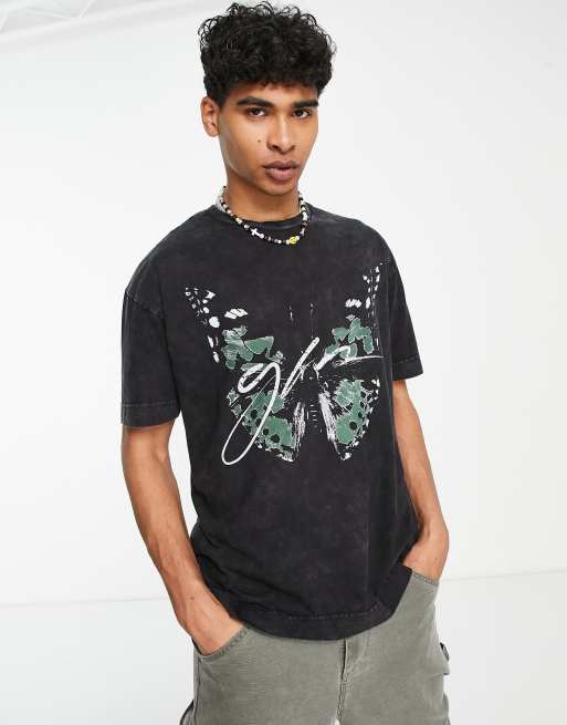 Good For Nothing - Oversized sort T-shirt i syrevask med sommerfugleprint