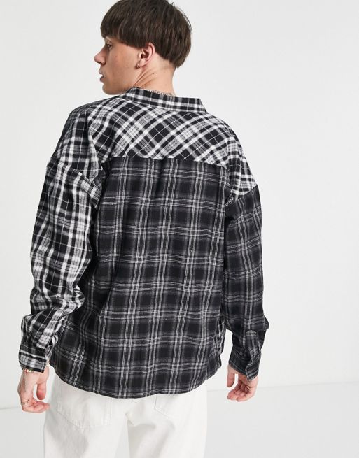 Good For Nothing oversized spliced flannel shirt in gray and blue