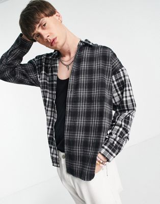 Good For Nothing oversized spliced flannel shirt in grey and blue - ASOS Price Checker
