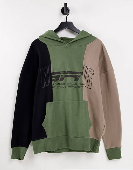 Good For Nothing oversized spliced hoodie in black and khaki with mixed logo print