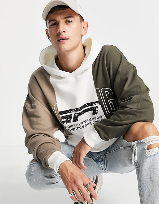Good For Nothing oversized spliced hoodie in grey and white with mixed logo print