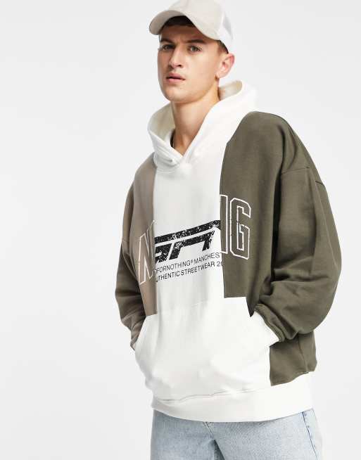 Good For Nothing oversized spliced hoodie in grey and white with mixed logo print