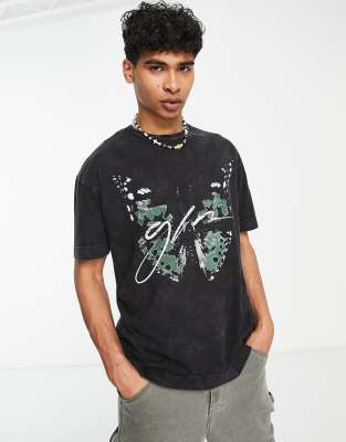 Good For Nothing Good For Nothing oversized t-shirt in black acid wash with large butterfly print