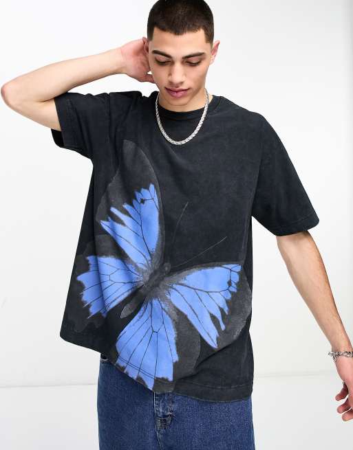 Good For Nothing oversized t-shirt in black acid wash with large butterfly print, 4 of 4