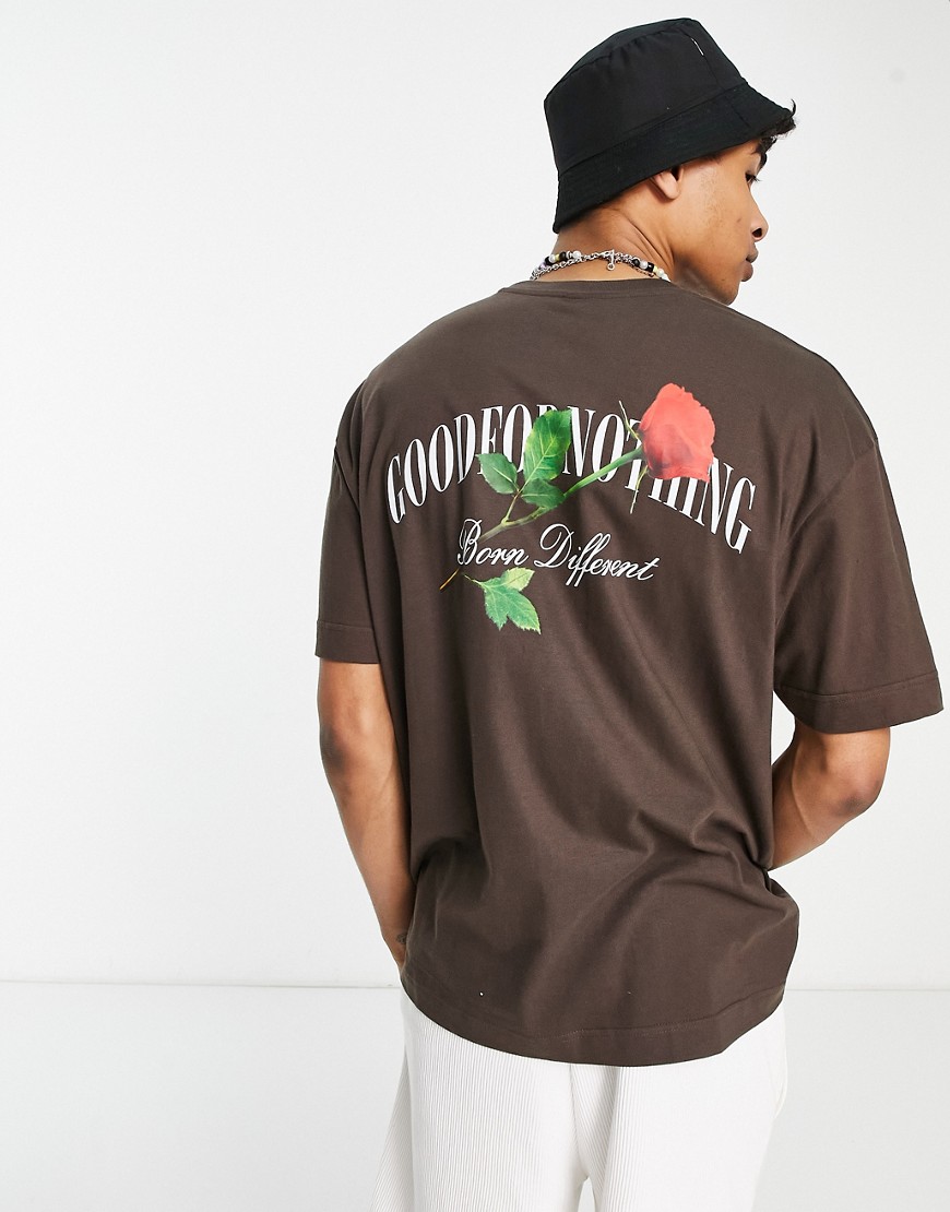 oversized t-shirt in brown with chest and back rose logo print-Black