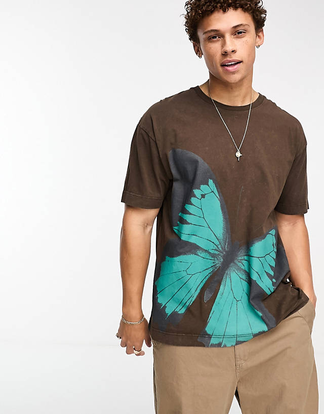 Good For Nothing - oversized t-shirt in brown with large butterfly print