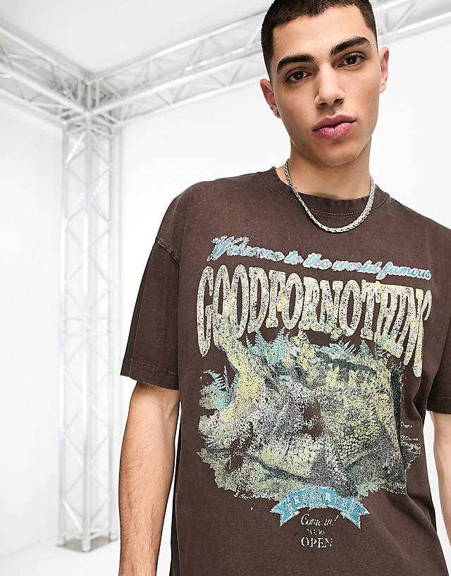 Good For Nothing - oversized t-shirt in brown with vintage crocodile print