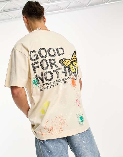 Good For Nothing - Oversized T-shirt in crèmekleurige logoprint op borst en rug met verfspatten