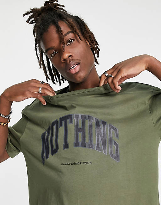 Good For Nothing oversized t-shirt in khaki with collegiate print