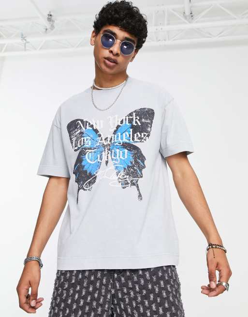 Good For Nothing oversized t-shirt in light grey acid wash with city and butterfly print
