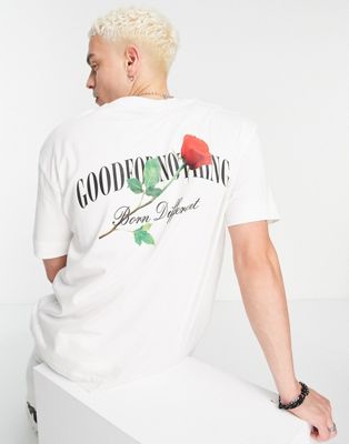 Good For Nothing oversized t-shirt in off white with chest and back rose logo print